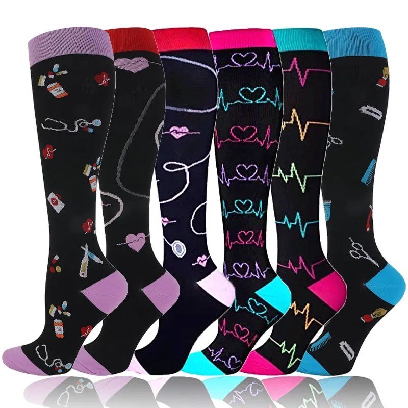 Six pairs of black compression socks printed with nurse and medical motifs