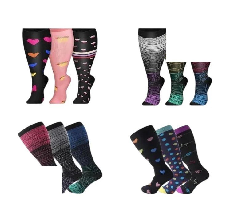 Wide-calf compression socks in ombre stripes and prints